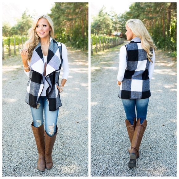 Dresses & Skirts - CHASITY BUFFALO PLAID OPEN FRONT VEST BLACK WHITE